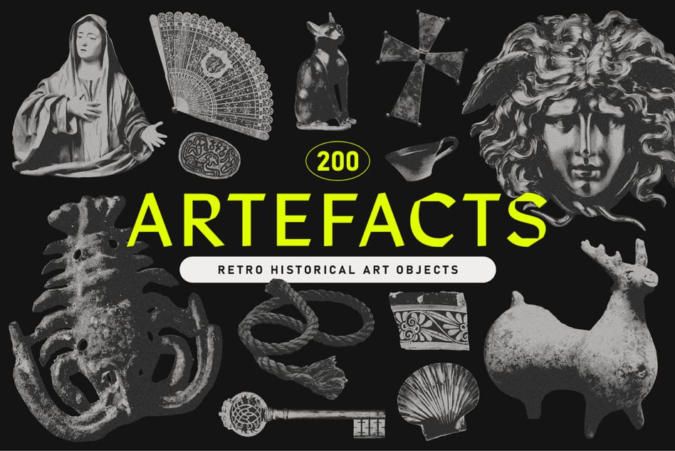 Large neon yellow artifacts text with 200 retro historical art objects arranged on dark backdrop