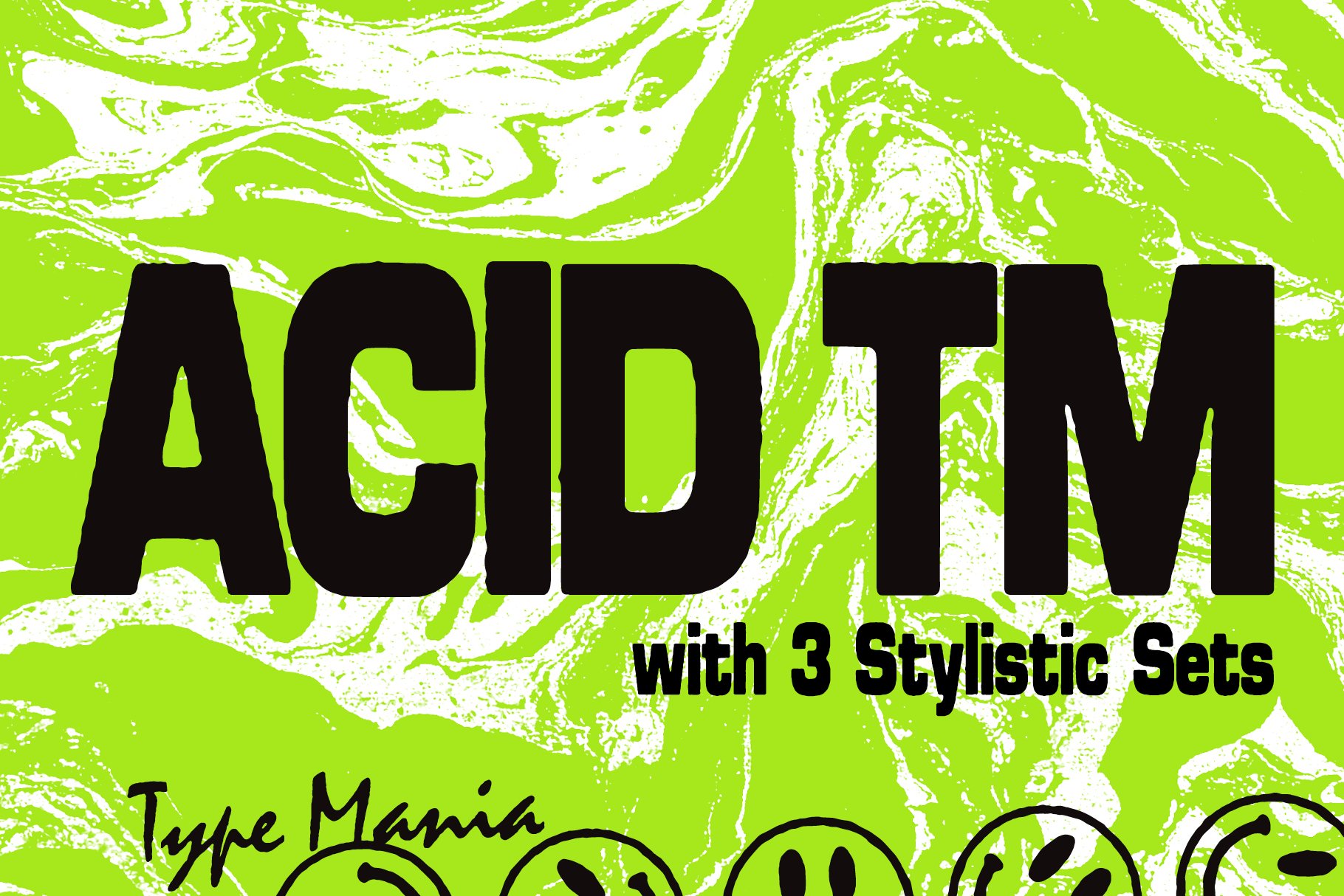 Bold acid-themed font design with green marbled background offering 3 stylistic sets. Perfect for graphic designers seeking unique typography assets.