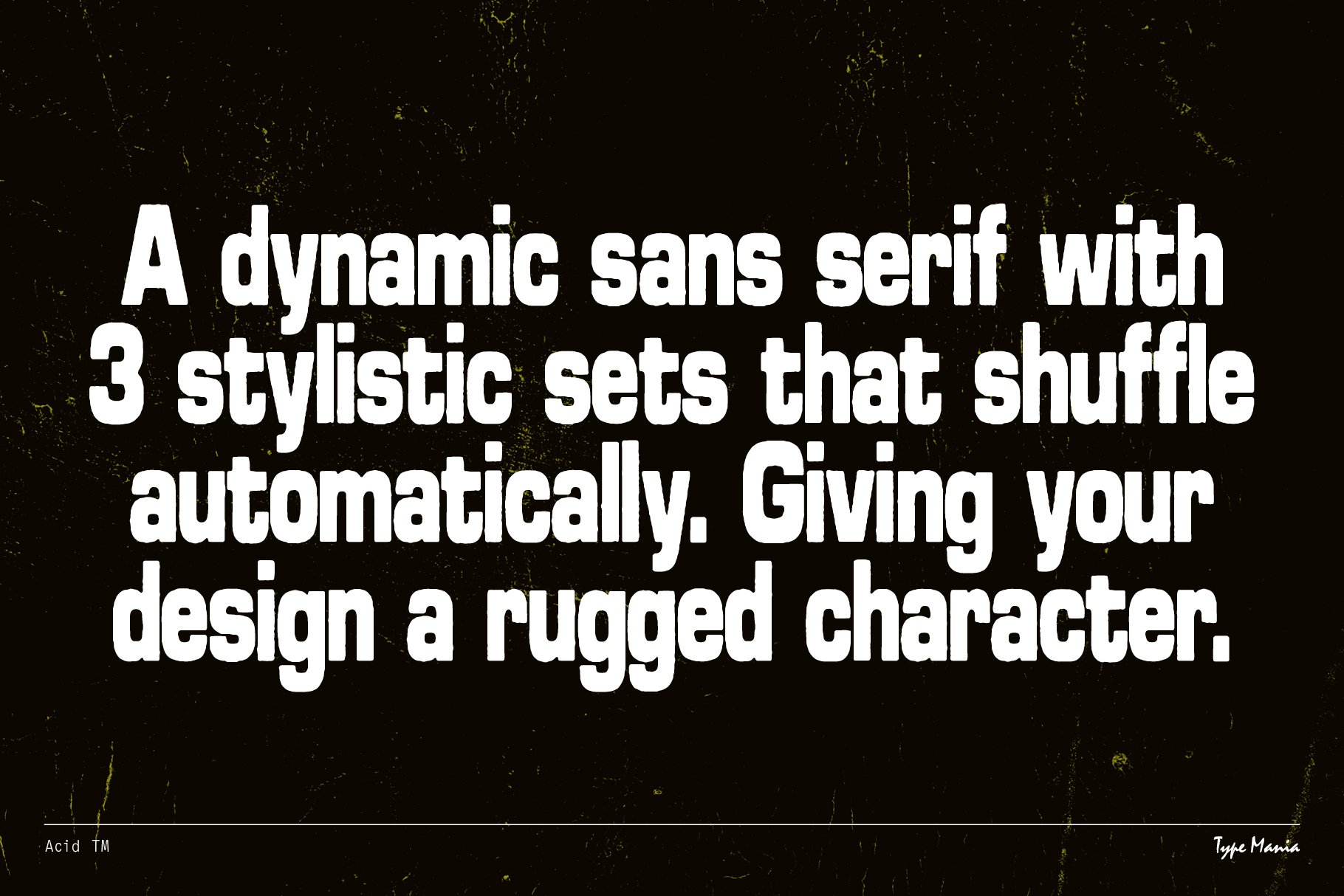 Dynamic sans serif font featuring three stylistic sets, perfect for creating rugged designs. Ideal for designers seeking unique typography assets.