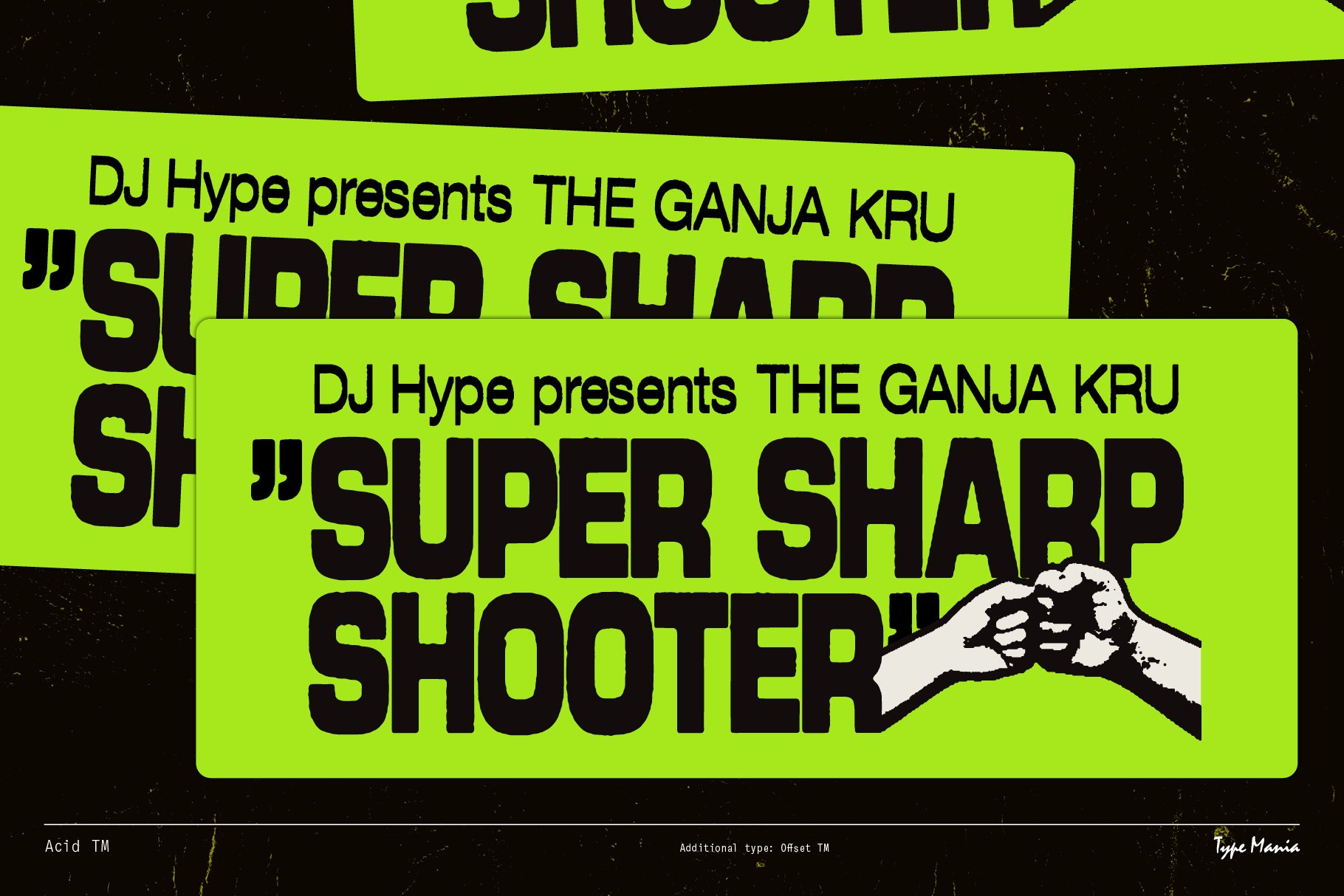 Bold, retro typography design with neon green background featuring the phrase Super Sharp Shooter suitable for graphics, mockups, and templates.