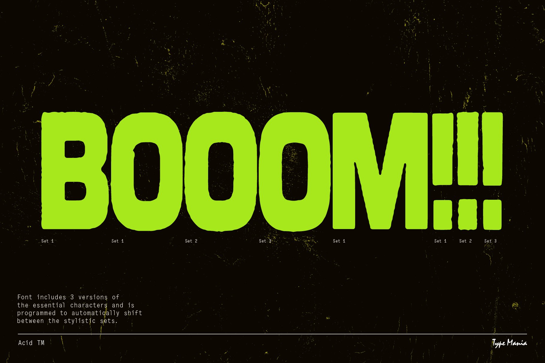 Bold green font reading BOOOM on textured black background; graphic design asset showcasing three versions for dynamic visual impact; fonts category.