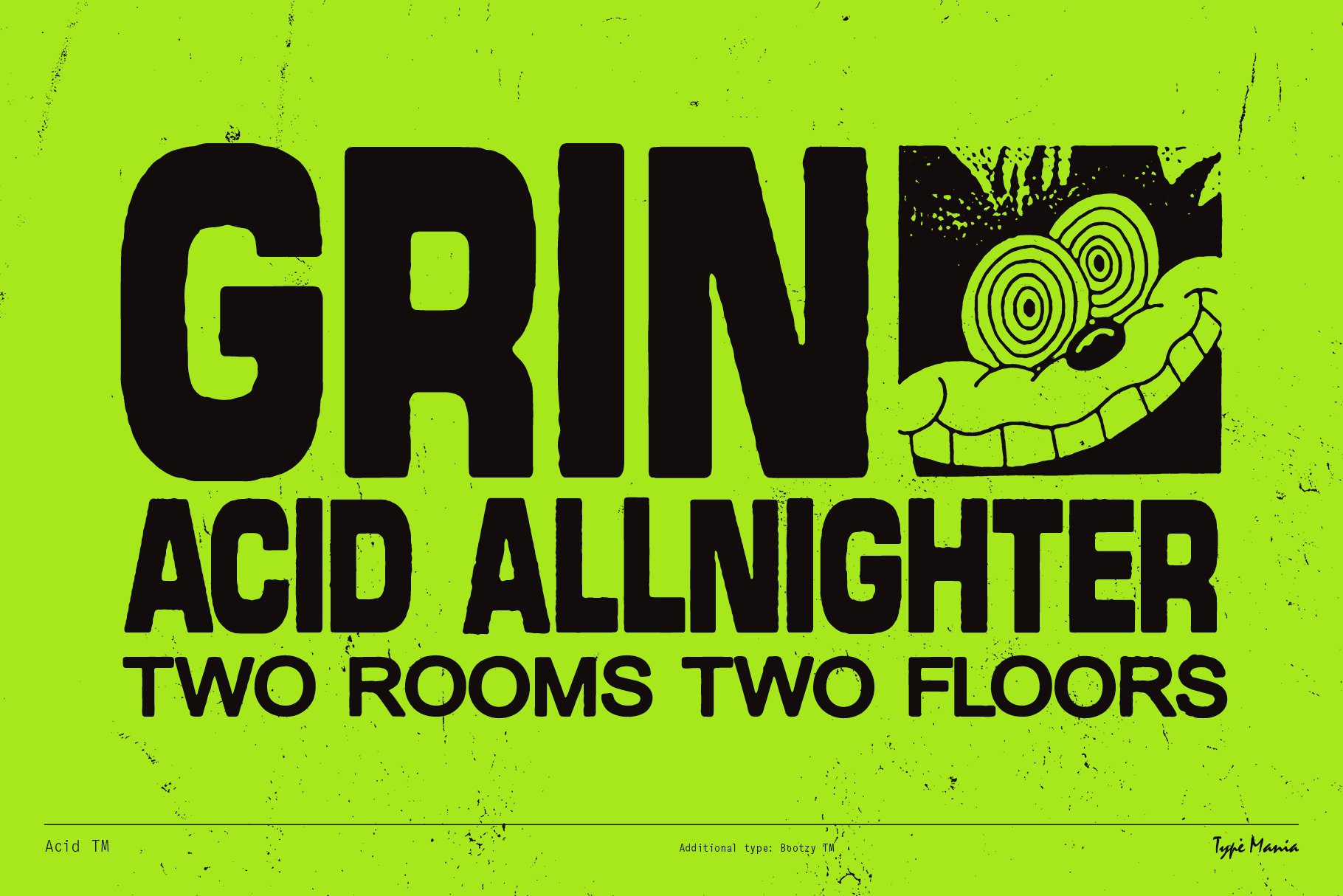 Bold black text on a vibrant green background advertising Grin Acid Allnighter event perfect for graphic design projects needing retro font style.