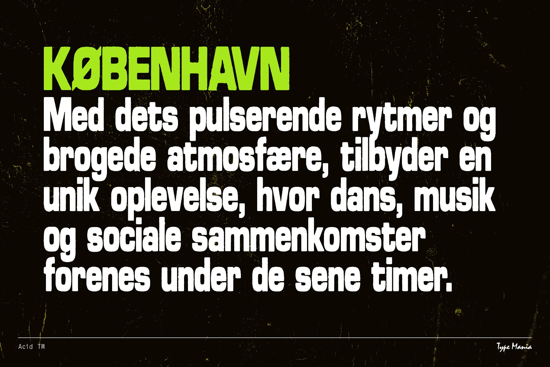 Bold display font sample for typography enthusiasts. Text describes urban vibes of Copenhagen. Ideal for designers seeking vibrant font styles.