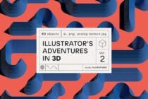 3D Illustrator's Adventures volume 2 featuring 60 objects. Includes ai, png, analog textures. Ideal graphic resources for designers and creatives.