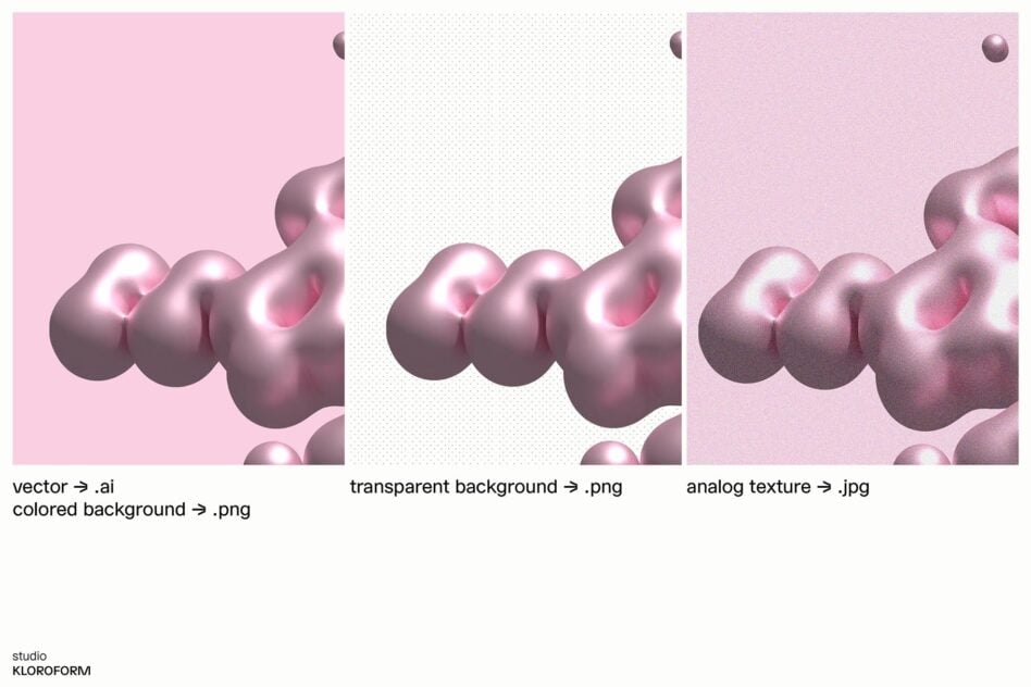 Metallic 3D blob mockup available as vector, transparent PNG, textured JPG file