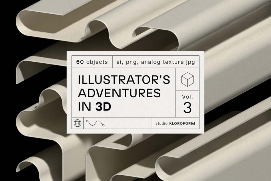 60 curved 3D objects collection labeled Illustrator's Adventures in 3D Vol. 3