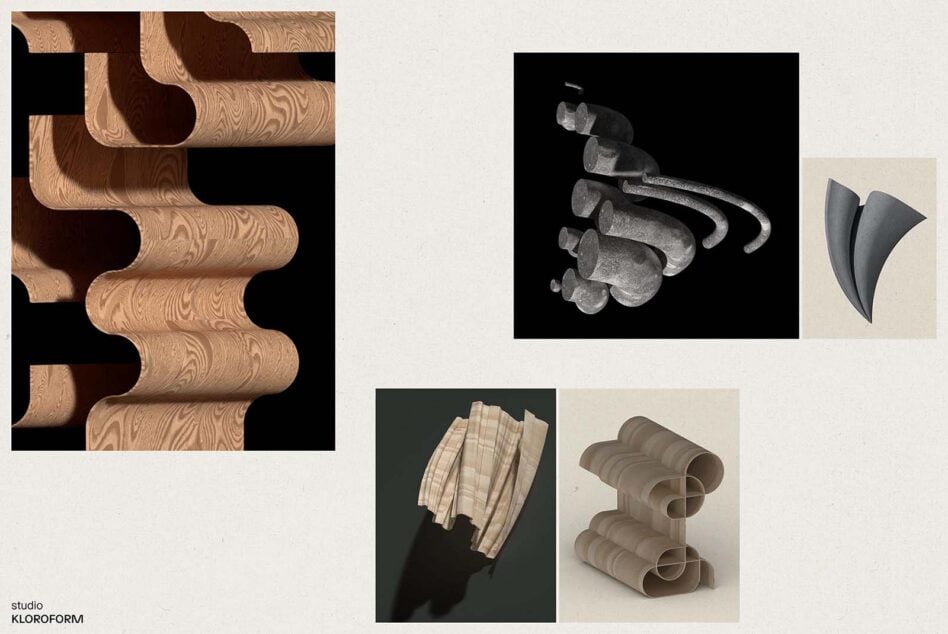 3D asset collection showing wooden moldings, metal hooks, fabric elements, clay shapes