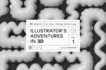 3D Illustrator objects pack with 60 elements in AI PNG formats. Suitable for digital design projects. Volume 1 featuring unique styles and textures.