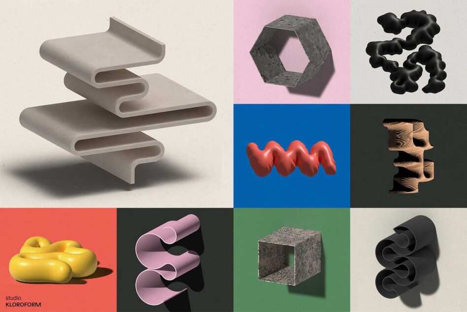 A collage of abstract 3D shapes and textures in various colors on a grid background. Ideal for graphic design inspiration and creative mockup resources.