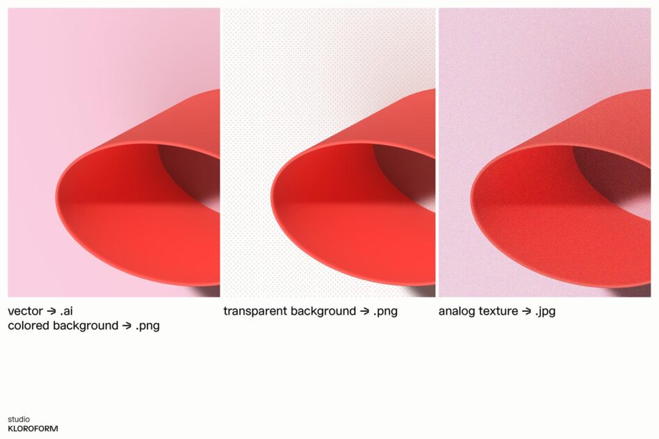 Modern abstract 3D vector design with red shapes. Available in AI, PNG with transparent and colored backgrounds, and JPG analog texture. Ideal for designers.