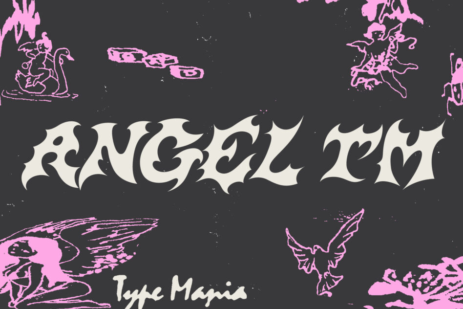Cream heavy blackletter font on charcoal with hot pink angel outline decorations
