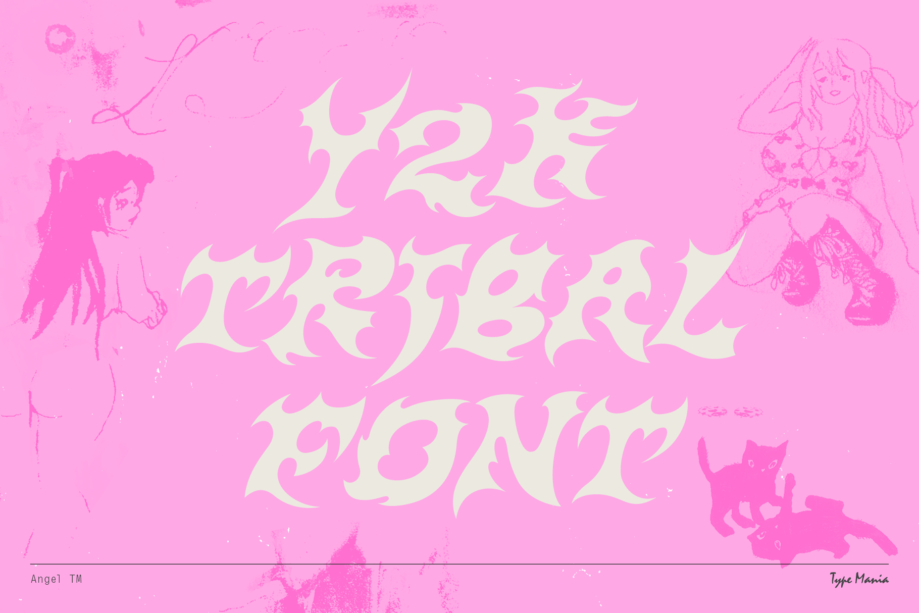 Cream ornate letters on bright pink with faded girl sketches, cosmic doodles scattered