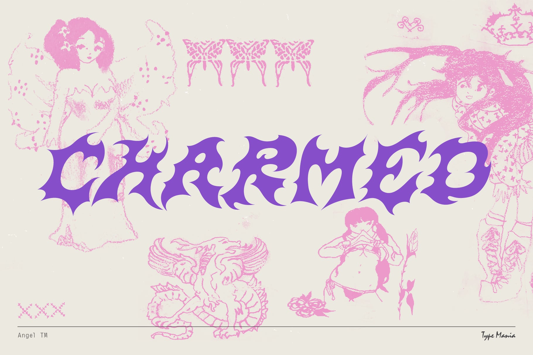 Purple metal-spiky letters with cream sections surrounded by pink line drawings of girls