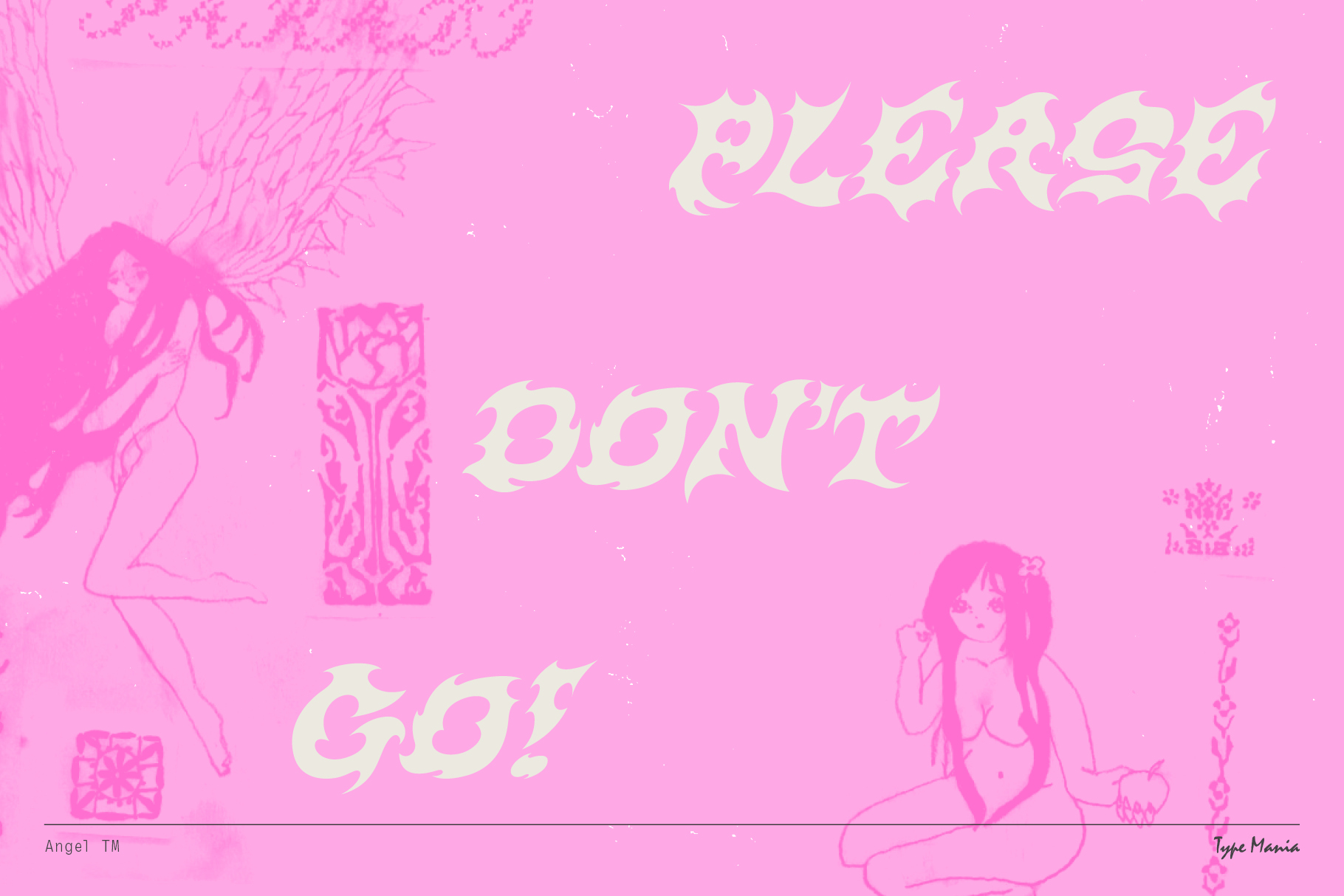Pale yellow ornate text on hot pink background surrounded by sketch drawings of women