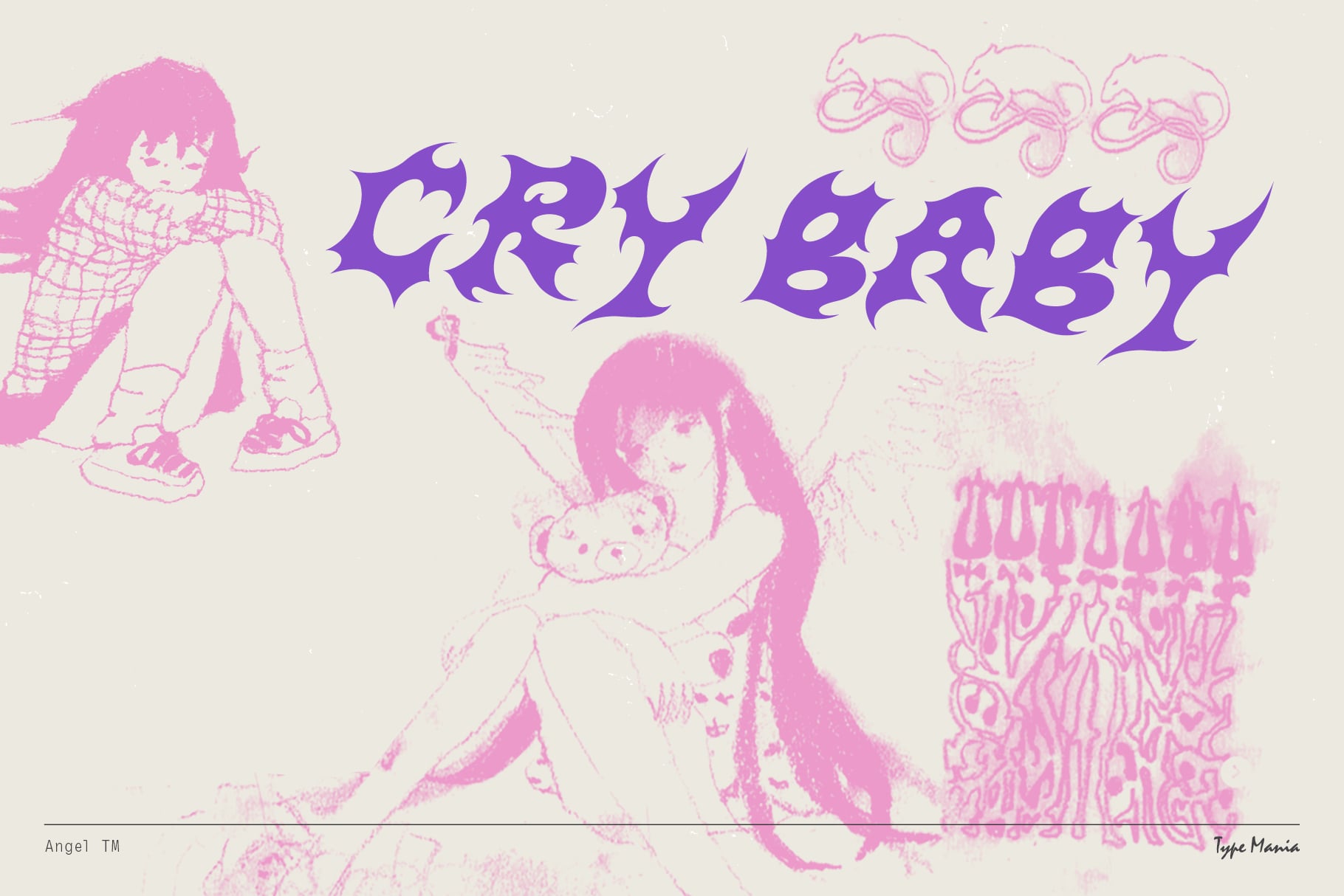 Purple jagged letters over pink sketch artwork of girls with long hair, daemon creatures