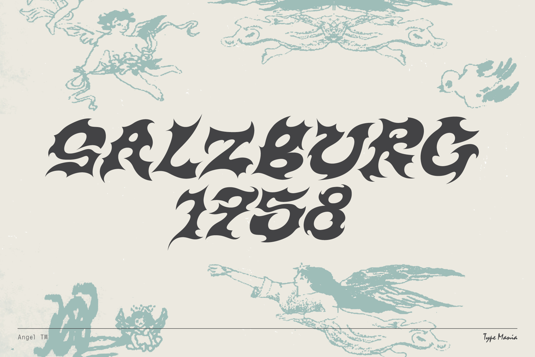 Ornate black metal letters spelling out numbers surrounded by pale blue angel illustrations