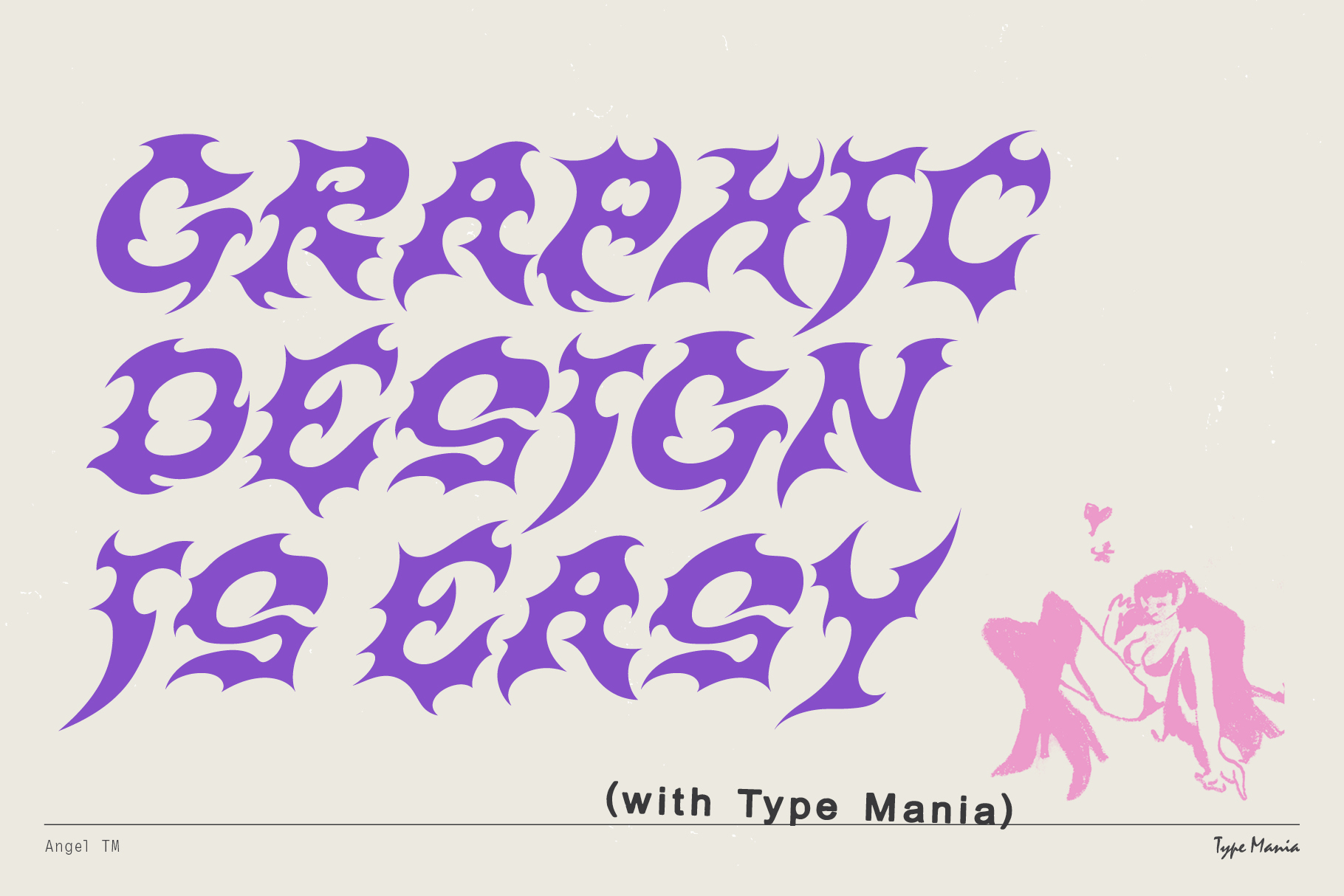 Spooky Bestigy Jefeyn lettering in purple with pink winged figure illustration