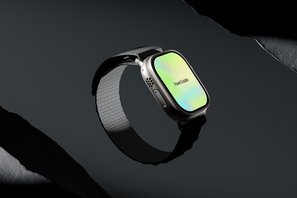 Smartwatch with lime gradient screen displaying Flowit.Supply branding on wrist