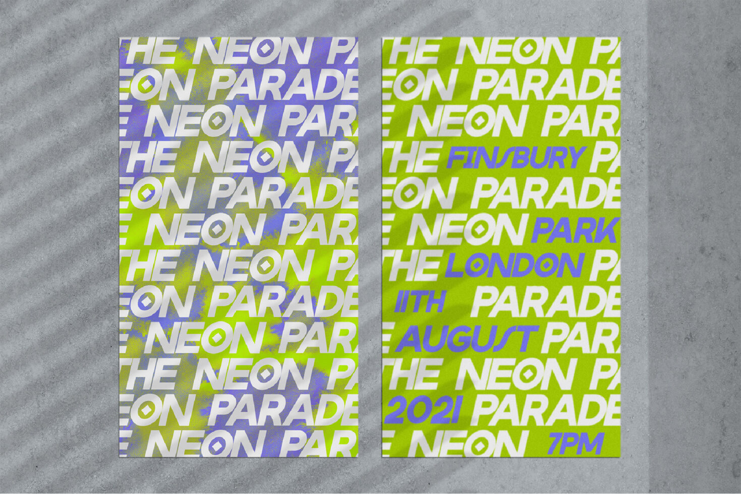 Two posters with layered neon green, purple, white text reading The Neon Parade