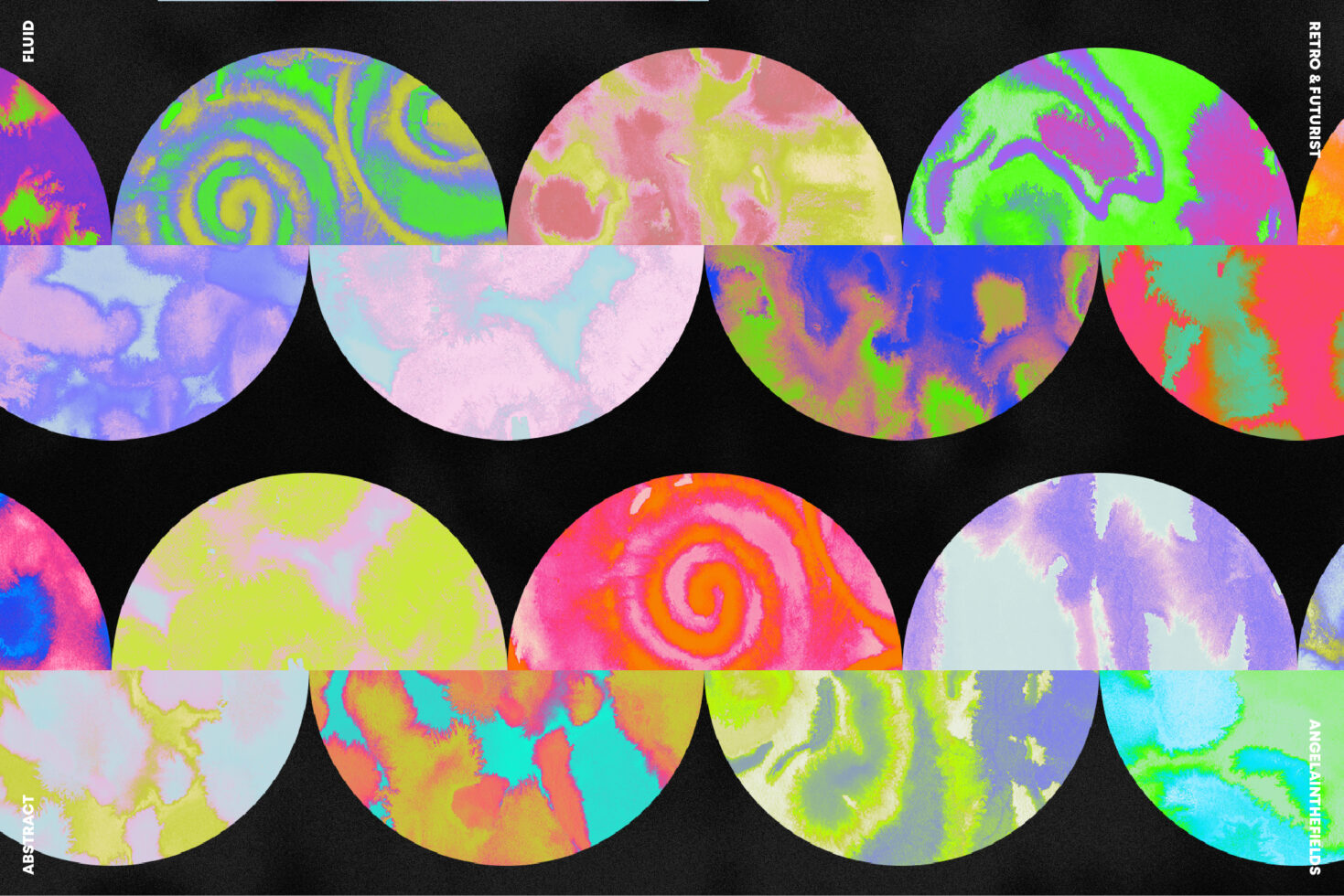 Grid of 8 neon fluid art circles with swirling patterns in lime, pink, purple, blue