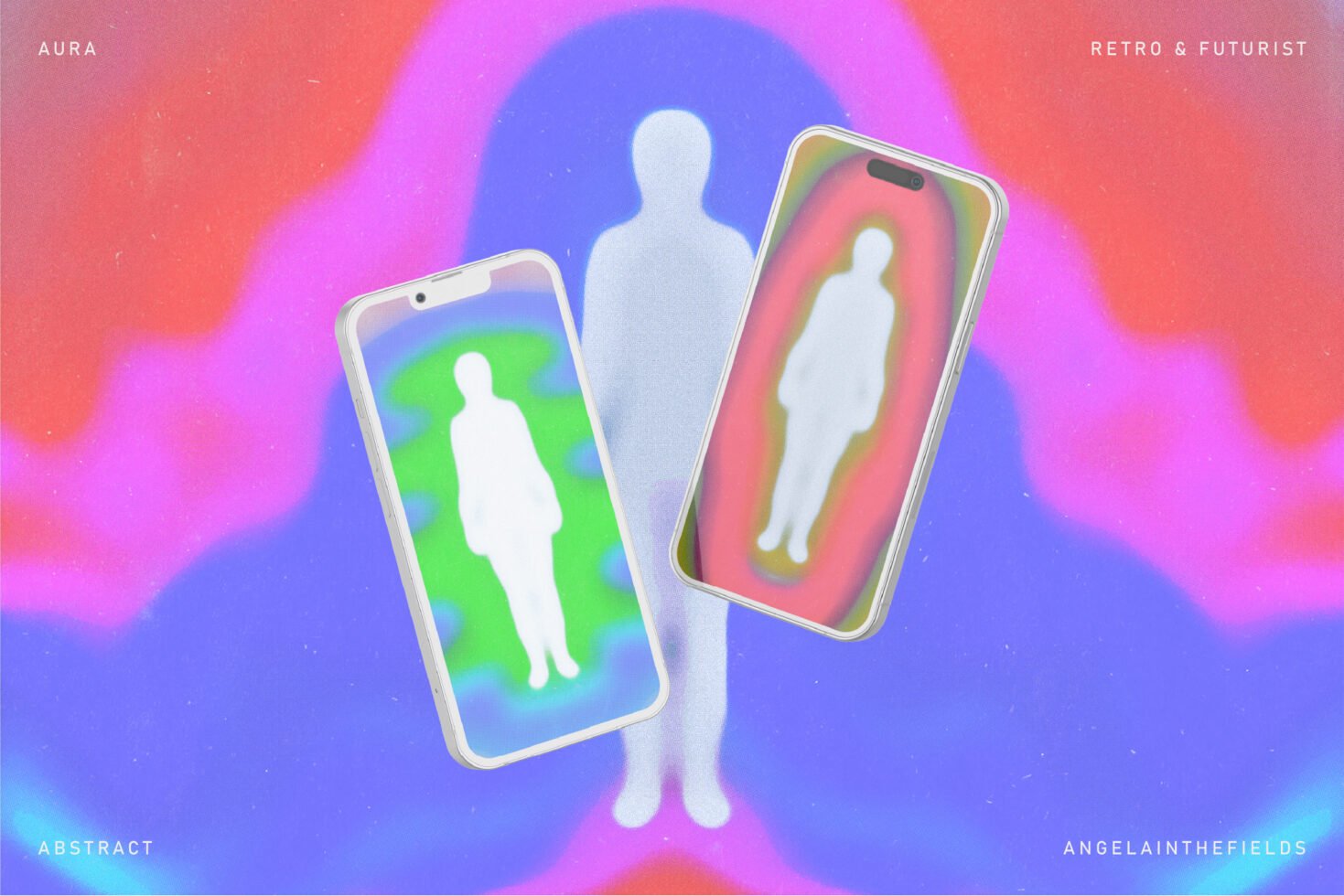 Abstract digital art featuring silhouettes on phone screens with colorful aura backgrounds blending retro and futuristic styles suitable for designers.