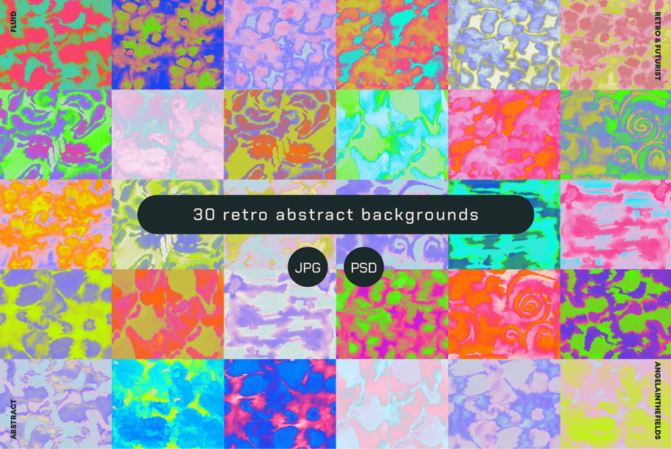 30 retro abstract backgrounds with neon blobs, swirls, blends in acid colors