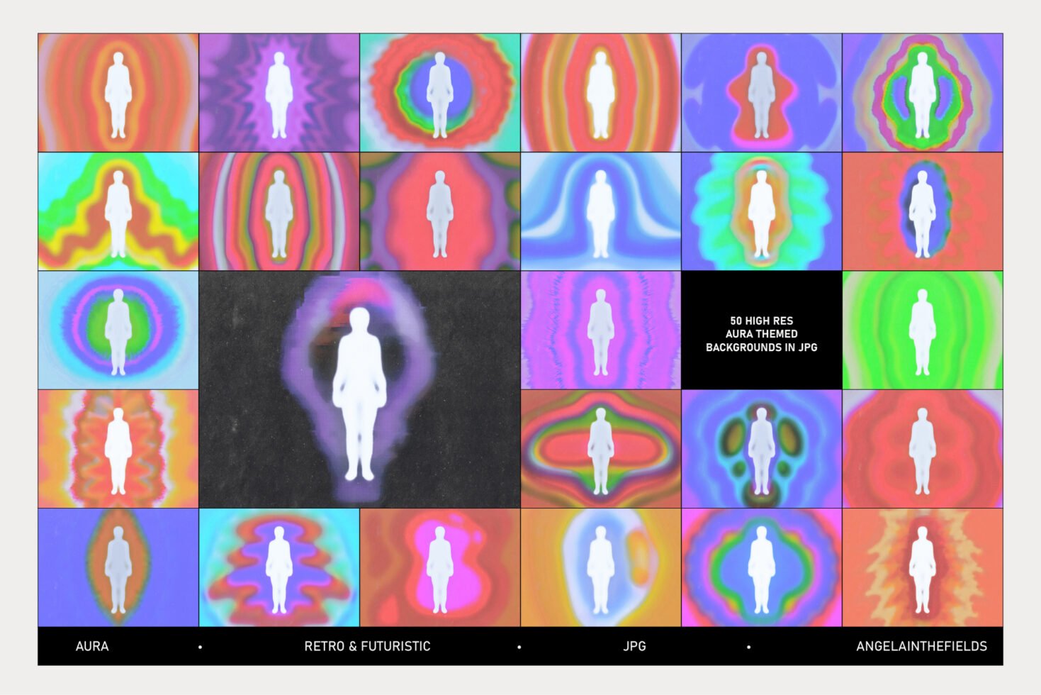 Collage of aura-themed backgrounds with silhouettes. Retro futuristic design in vibrant colors. High-resolution JPG suitable for designers and creatives.