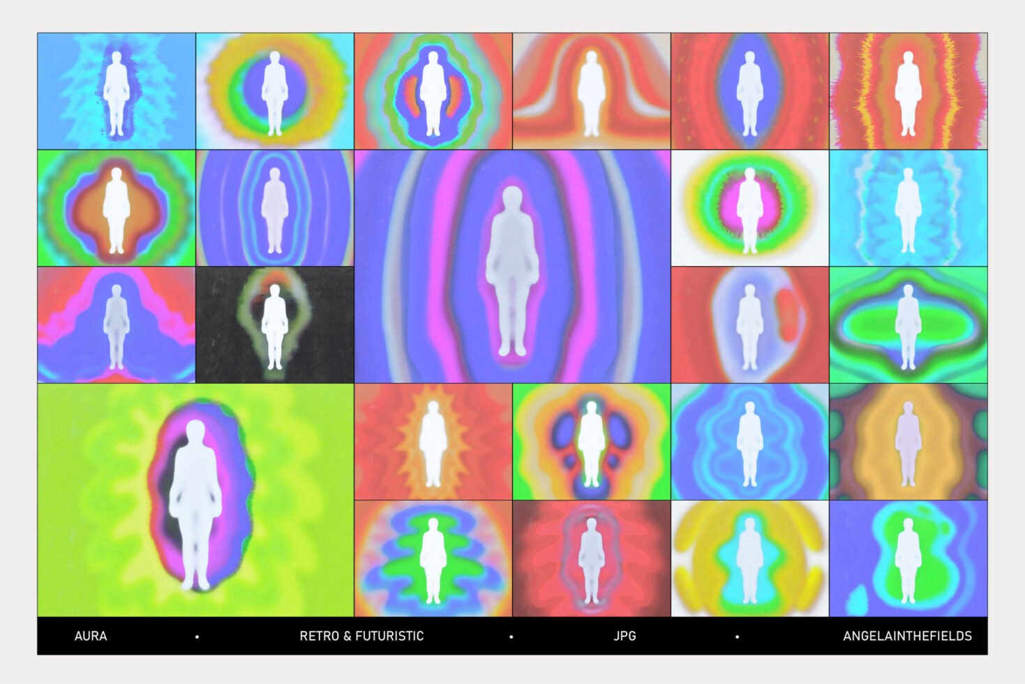 Collage of vibrant aura graphics featuring human silhouettes in retro futuristic style. Ideal for designers seeking creative and colorful templates.