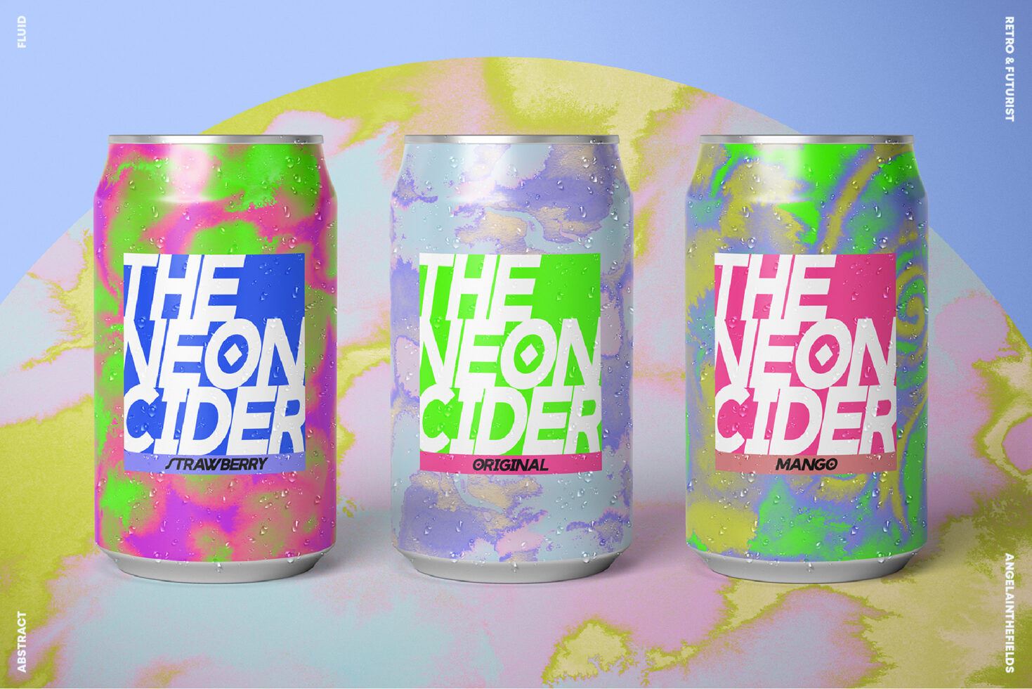 Three neon cider cans mockup with holographic gradient, strawberry original mango flavors on pastel background