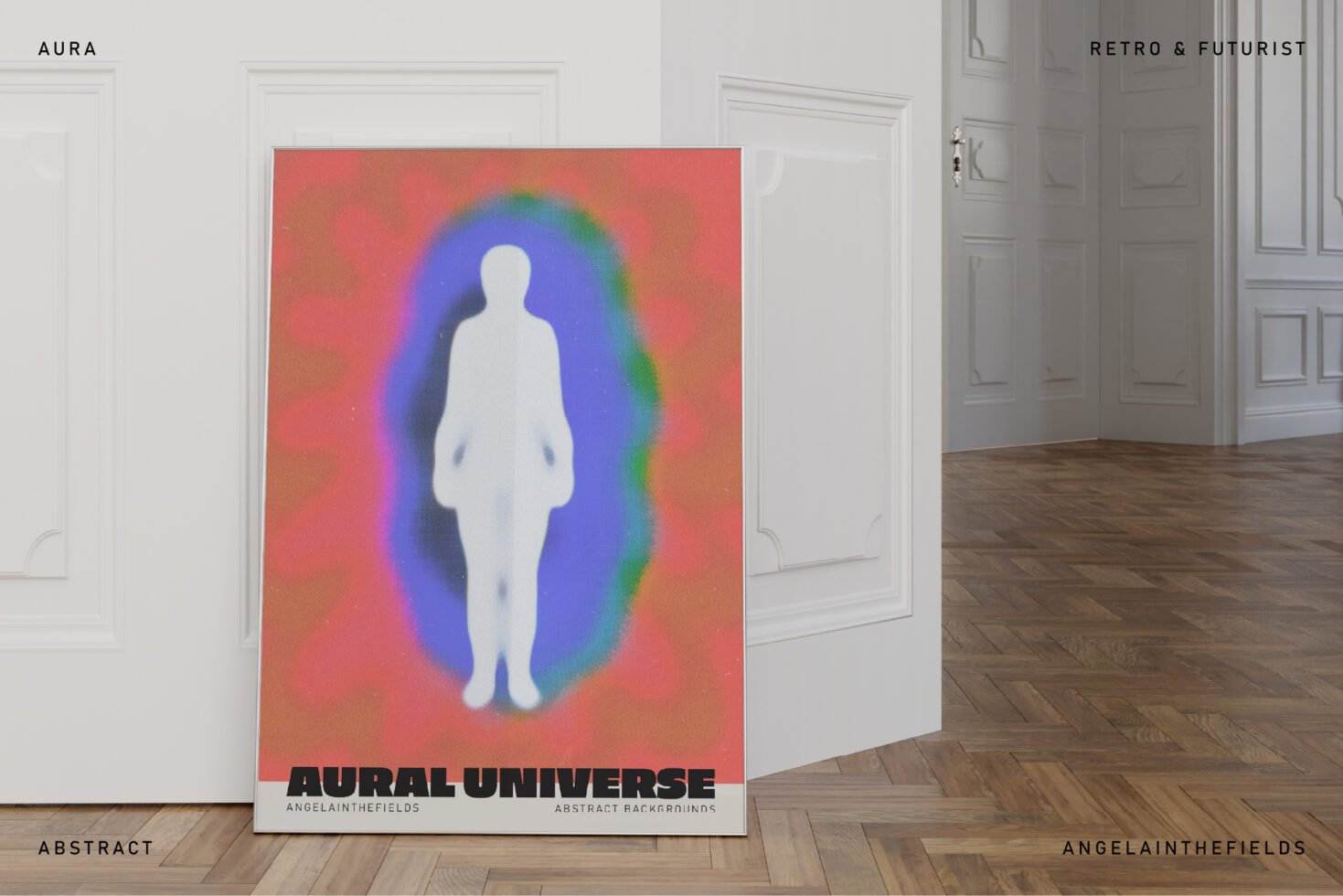 Abstract poster in minimalist room featuring a silhouette with vibrant aura colors; ideal for designers seeking retro, futurist graphic backgrounds.