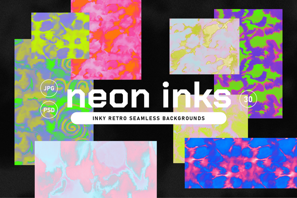 30 neon ink seamless background patterns in bright pink, yellow, purple, green