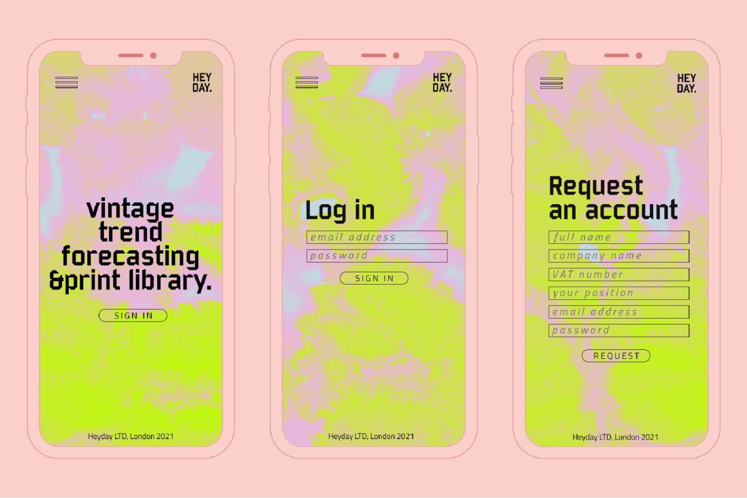 Three iPhone mockups with lime green pink gradient, login form, account request, Hey Day branding
