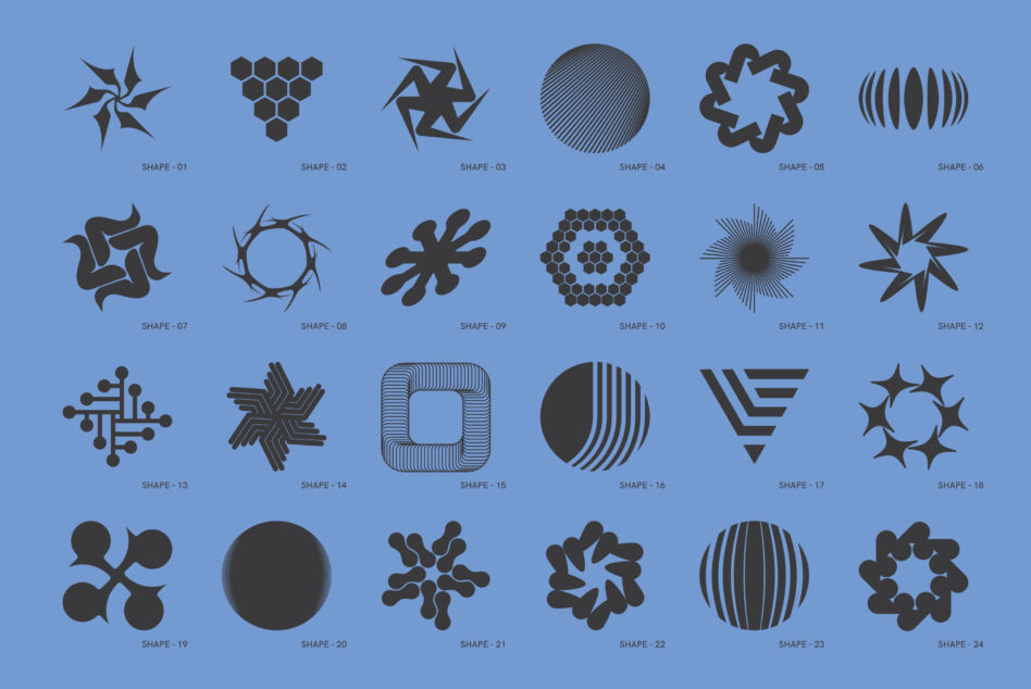Grid of 24 geometric shapes numbered 01-24, stars, honeycombs, spirals, flowers on blue