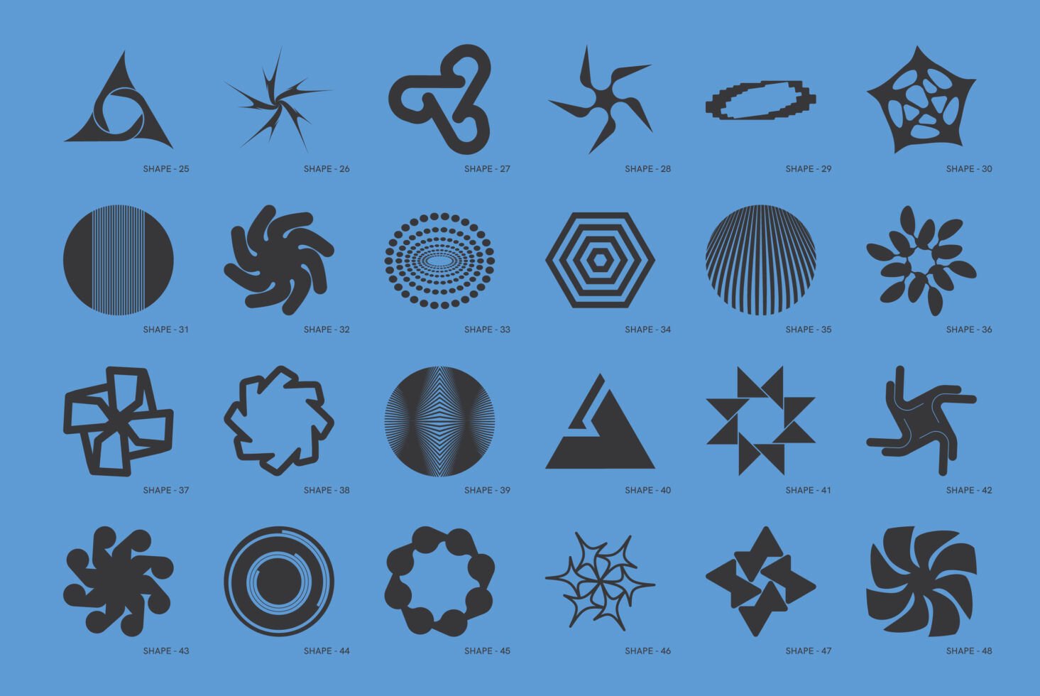 Collection of abstract shapes on blue background suitable for graphic design projects. Ideal for digital assets, templates, and branding elements.
