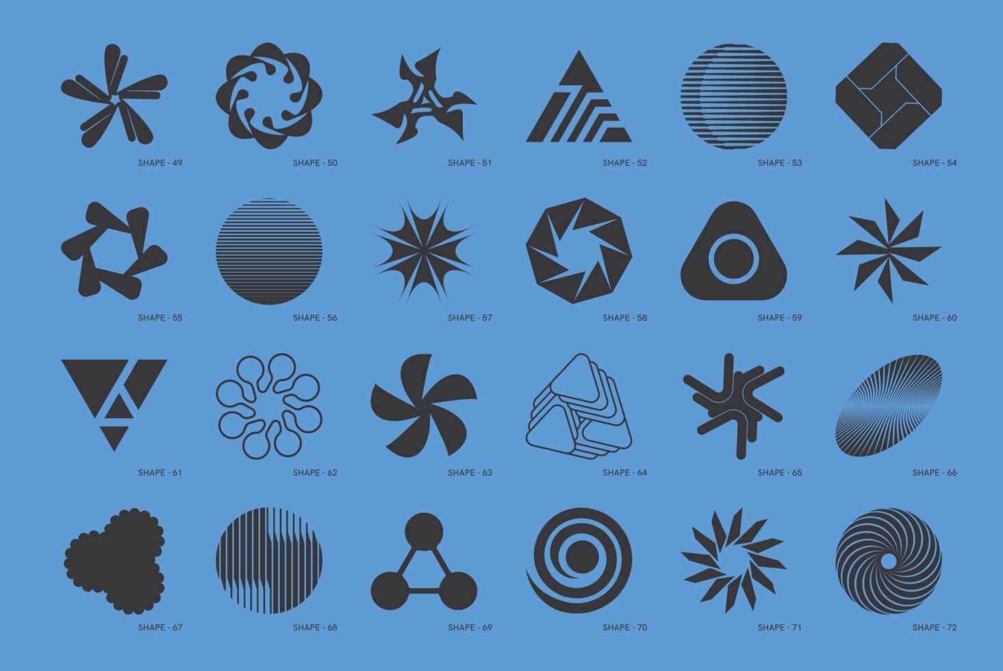 Collection of 24 abstract geometric shapes on a blue background for graphic design. Ideal for templates and mockups. Creative digital asset for designers.