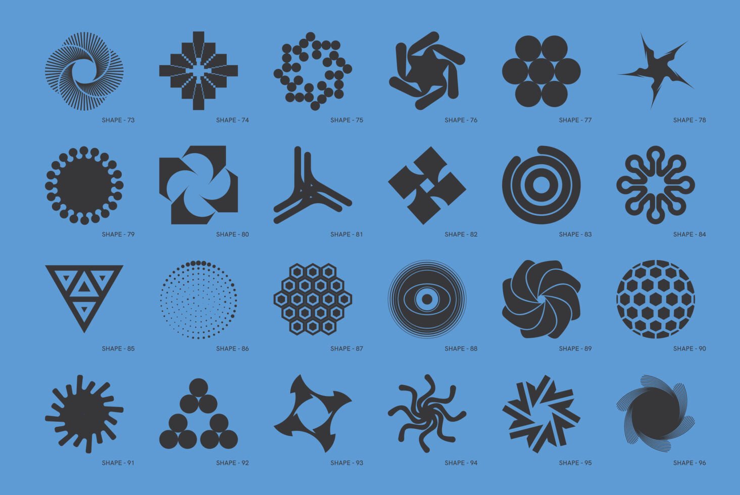 Collection of 24 unique geometric vector shapes on blue background for graphic design templates logos branding abstract patterns digital assets designers