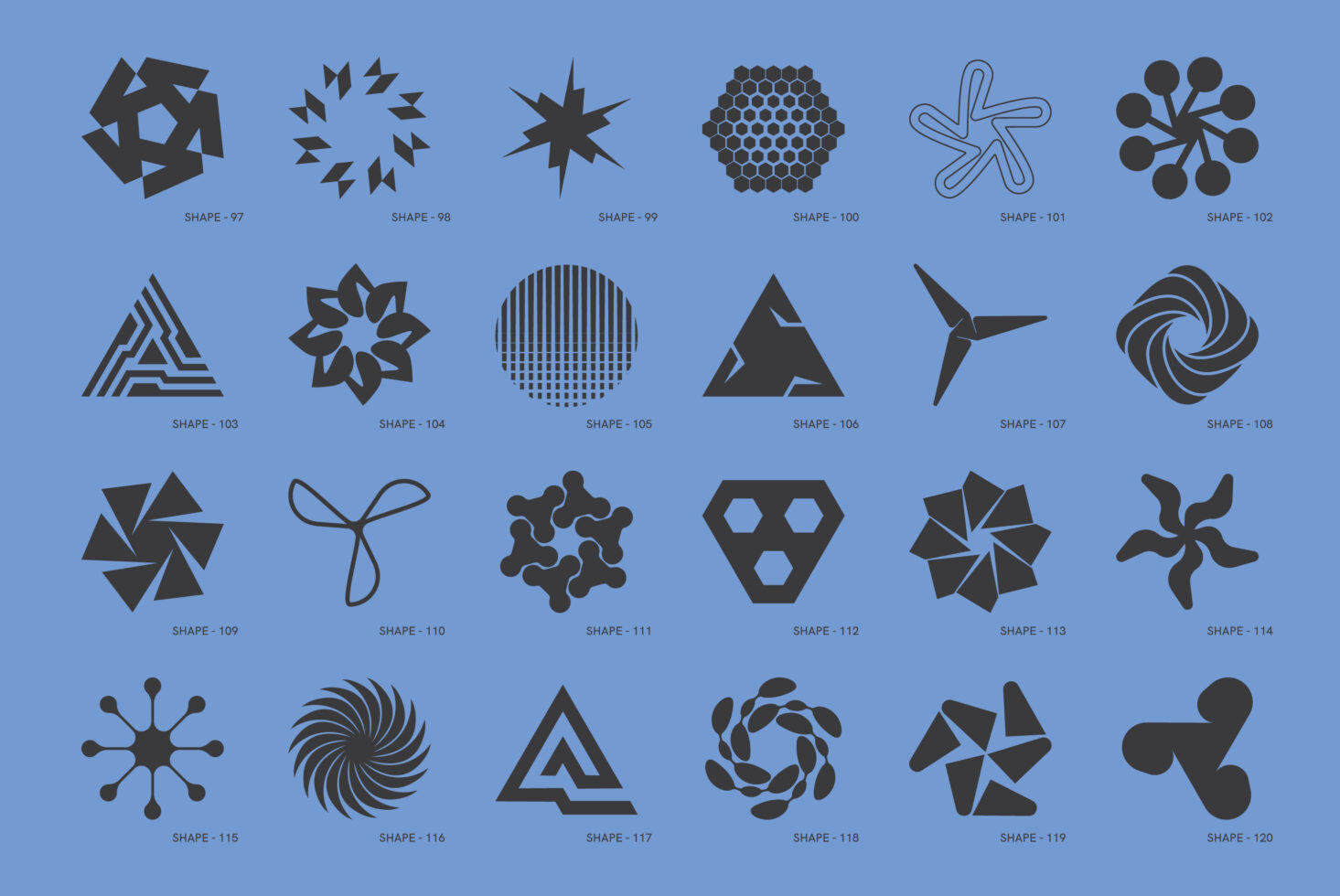Collection of abstract geometric shapes on a blue background ideal for graphic design projects suitable for using in templates mockups or logos