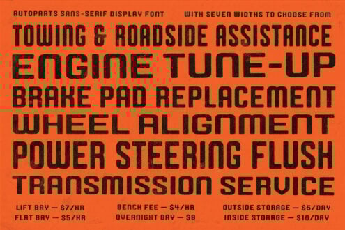 Bold sans-serif display font sample on orange background featuring automotive service terms. Ideal for designers seeking industrial themed text.