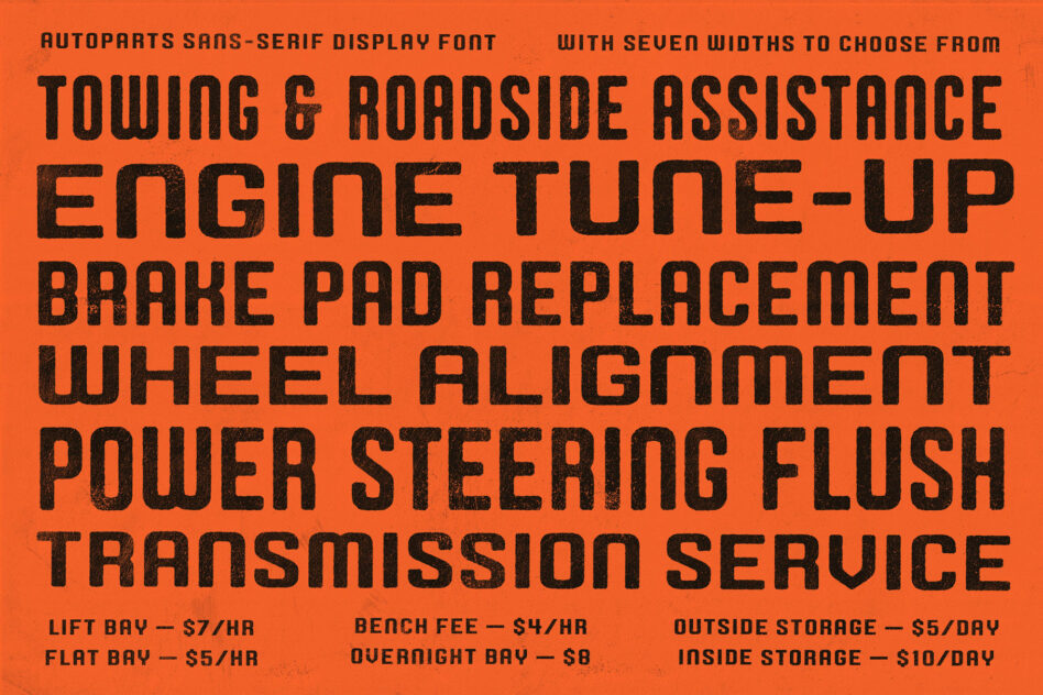 Bold sans-serif display font sample on orange background featuring automotive service terms. Ideal for designers seeking industrial themed text.