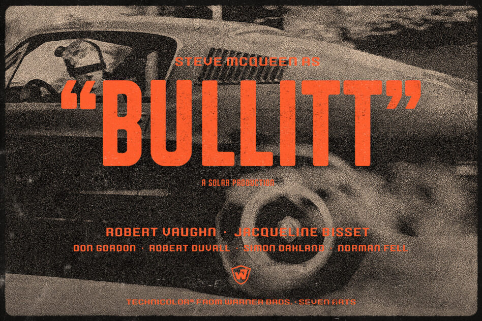 Vintage movie poster design for the film Bullitt featuring bold red typography and monochrome car image. Ideal for graphic design templates.