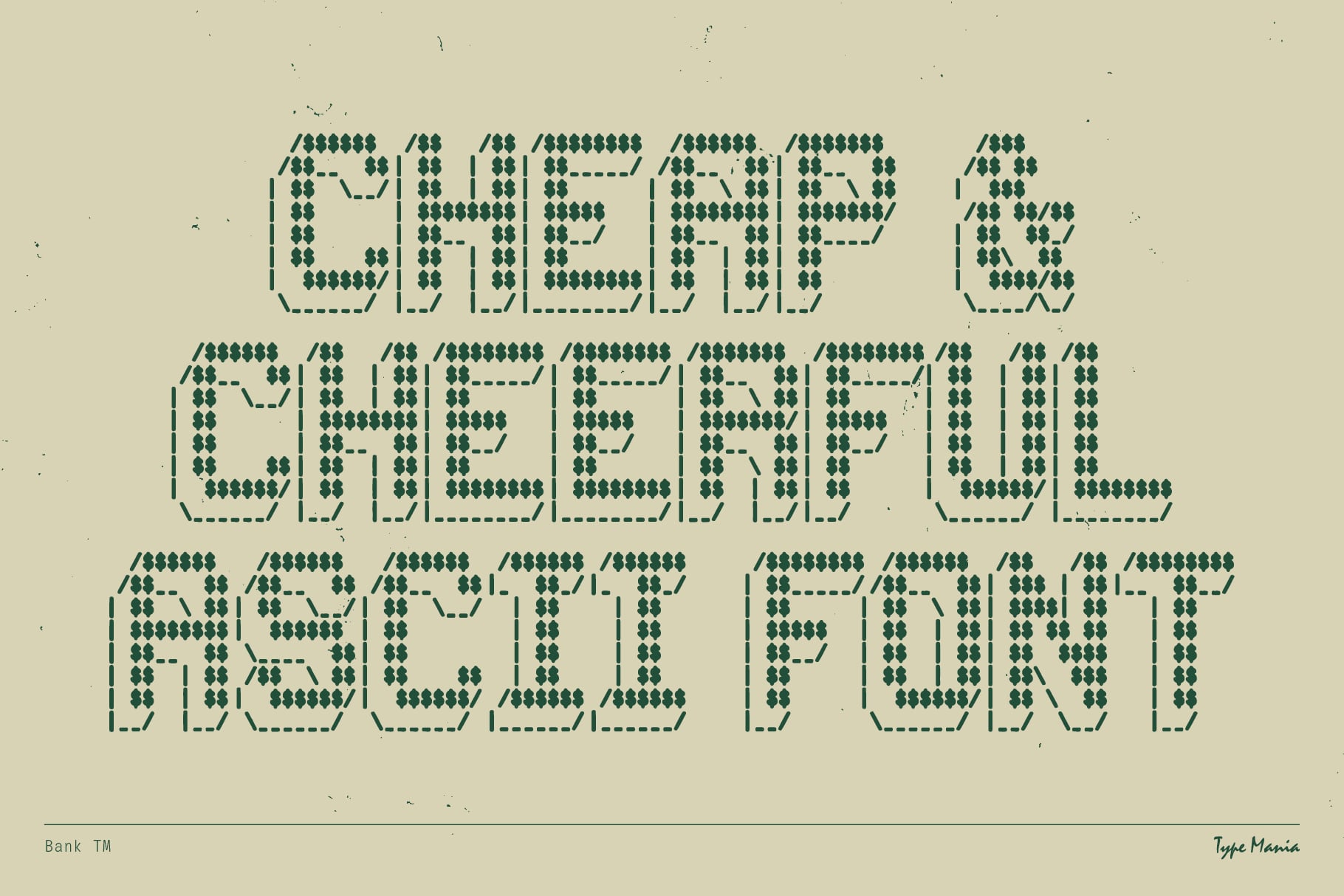 Dark green diamond grid typeface showing complete alphabet, numbers, punctuation