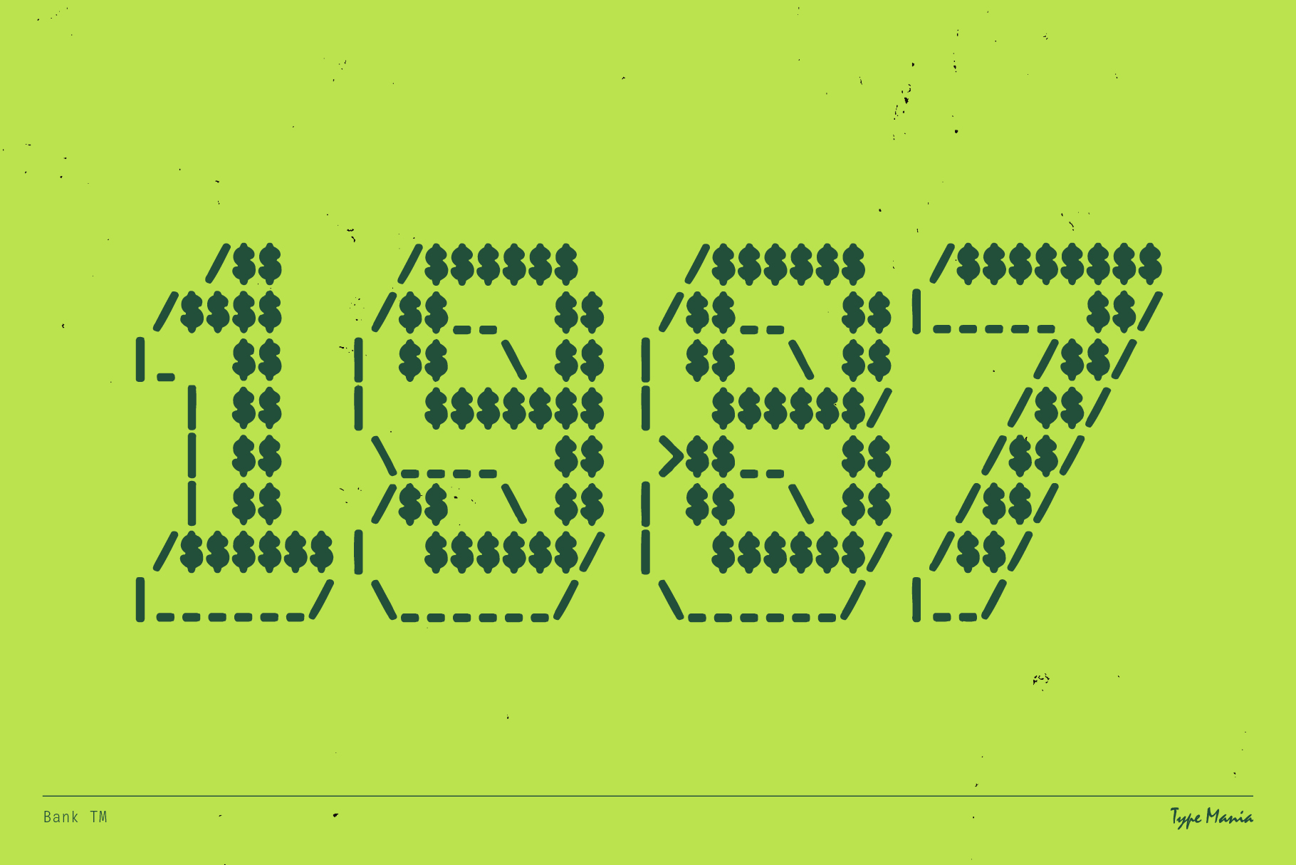Bank typeface in neon green with pixelated diamond constructed letters