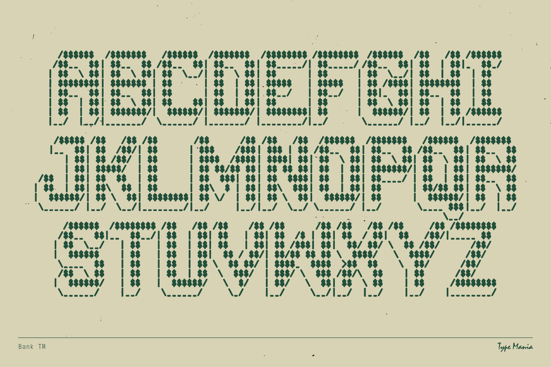 Bank font display in teal with complete uppercase, lowercase, numbers on cream