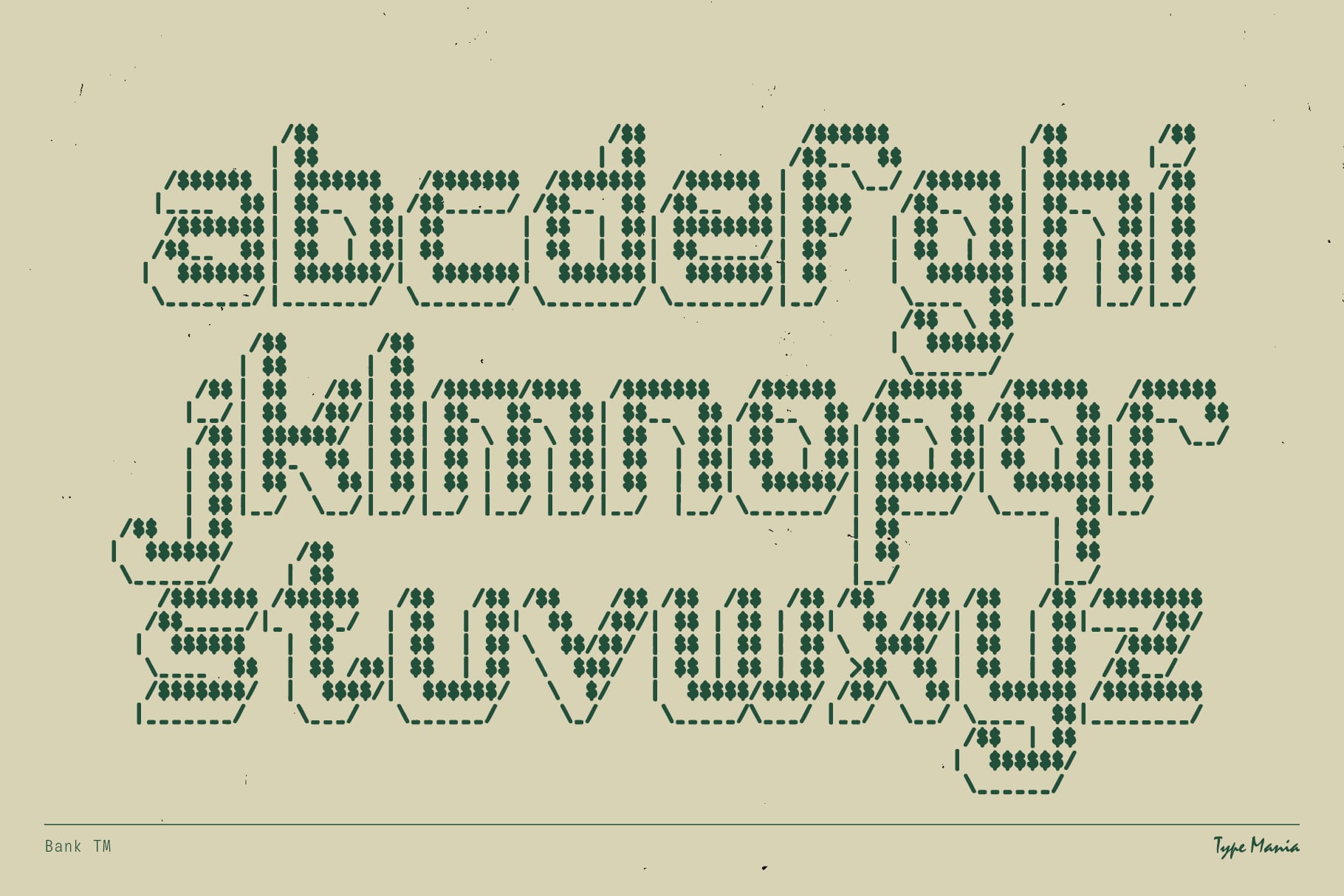 Bank typeface in deep teal showing full character set on beige background