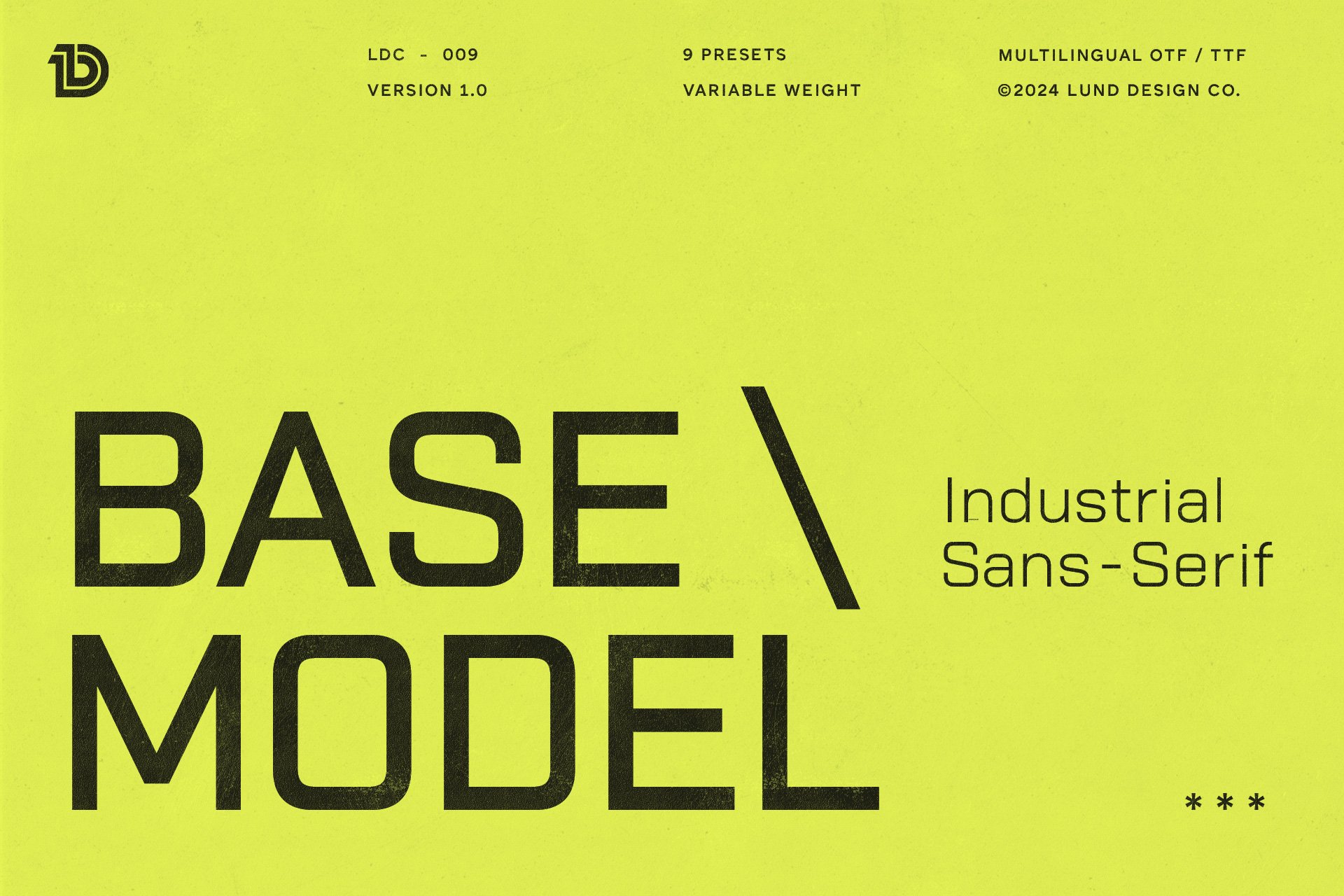 Industrial sans-serif font Base Model by Lund Design Co features 9 presets and variable weight suitable for designers seeking modern OTF TTF typography
