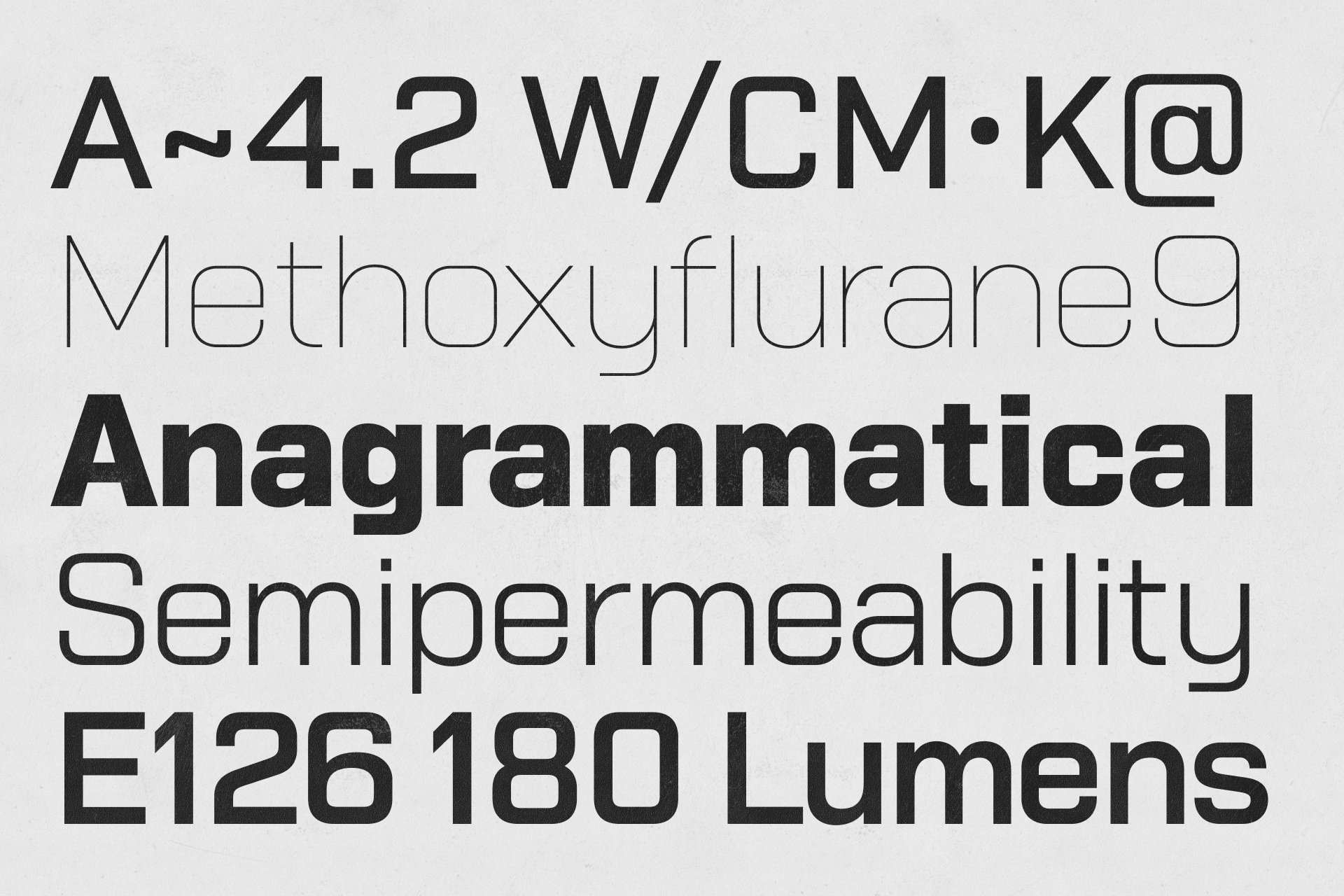 Modern sans-serif font displaying various words and numbers on white background. Ideal for graphic design templates and typography projects.