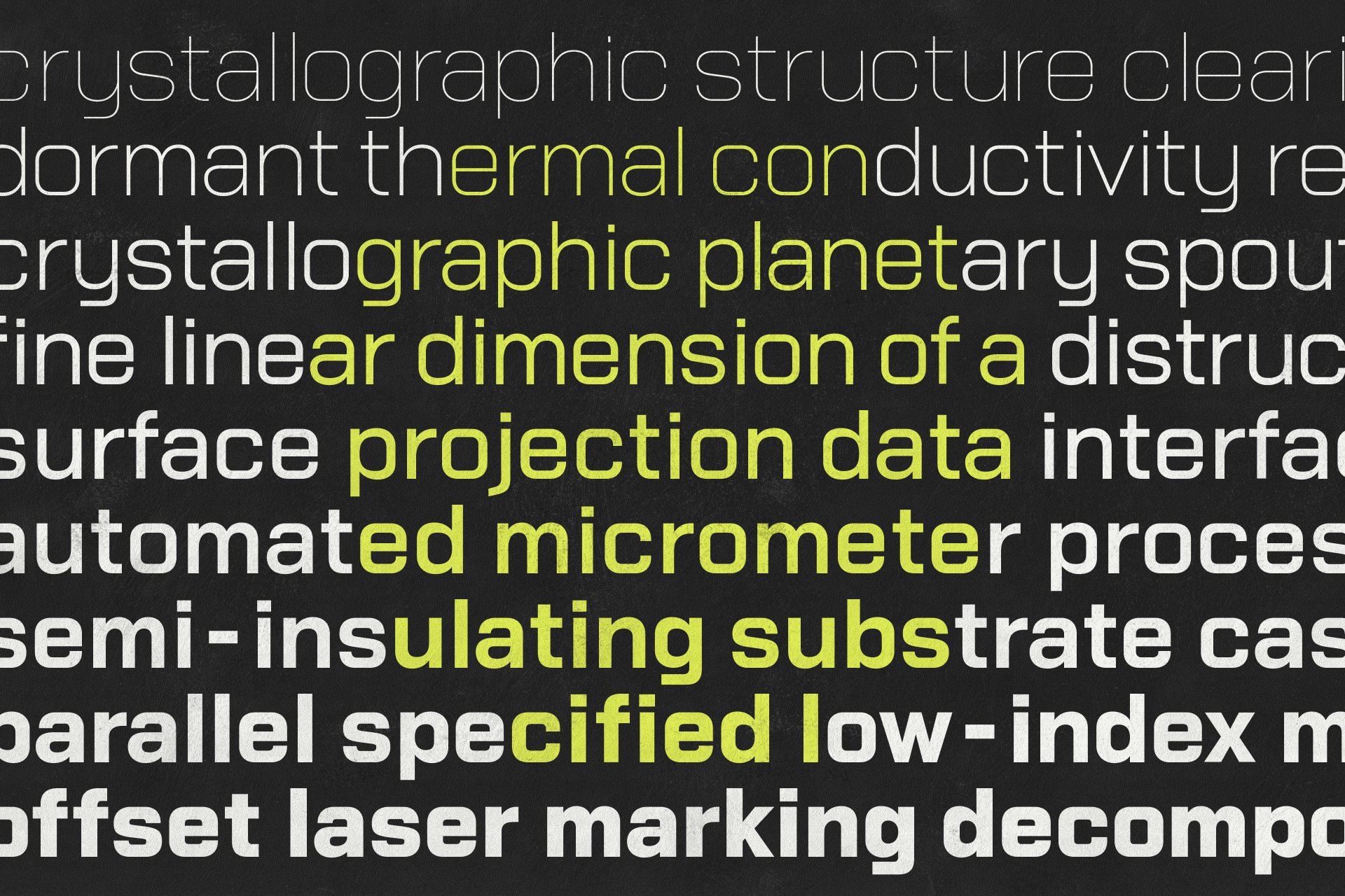Modern sans-serif font mockup displaying various scientific terms with high readability on a dark textured background. Perfect for design projects.