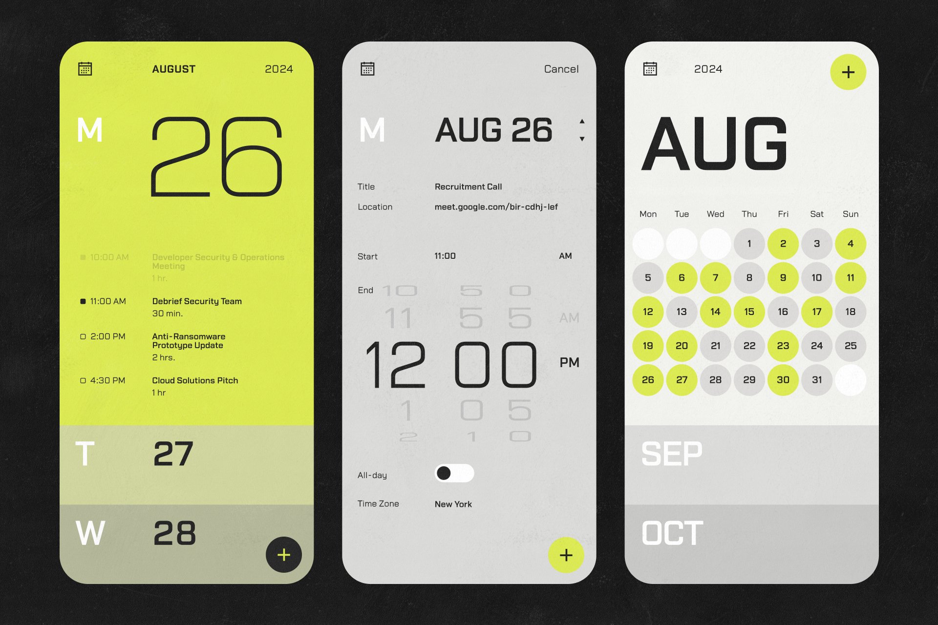 Mobile calendar app UI design mockup featuring schedule, event details, and month view. Ideal for designers seeking sleek digital templates.