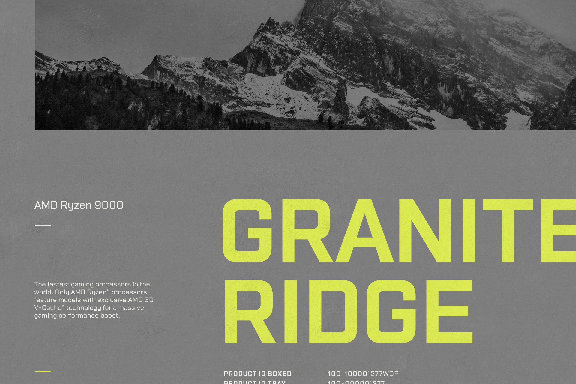 Promotional design for AMD Ryzen 9000 with bold Granite Ridge text overlayed on grayscale mountain graphic: tech mockup, typography, design asset.