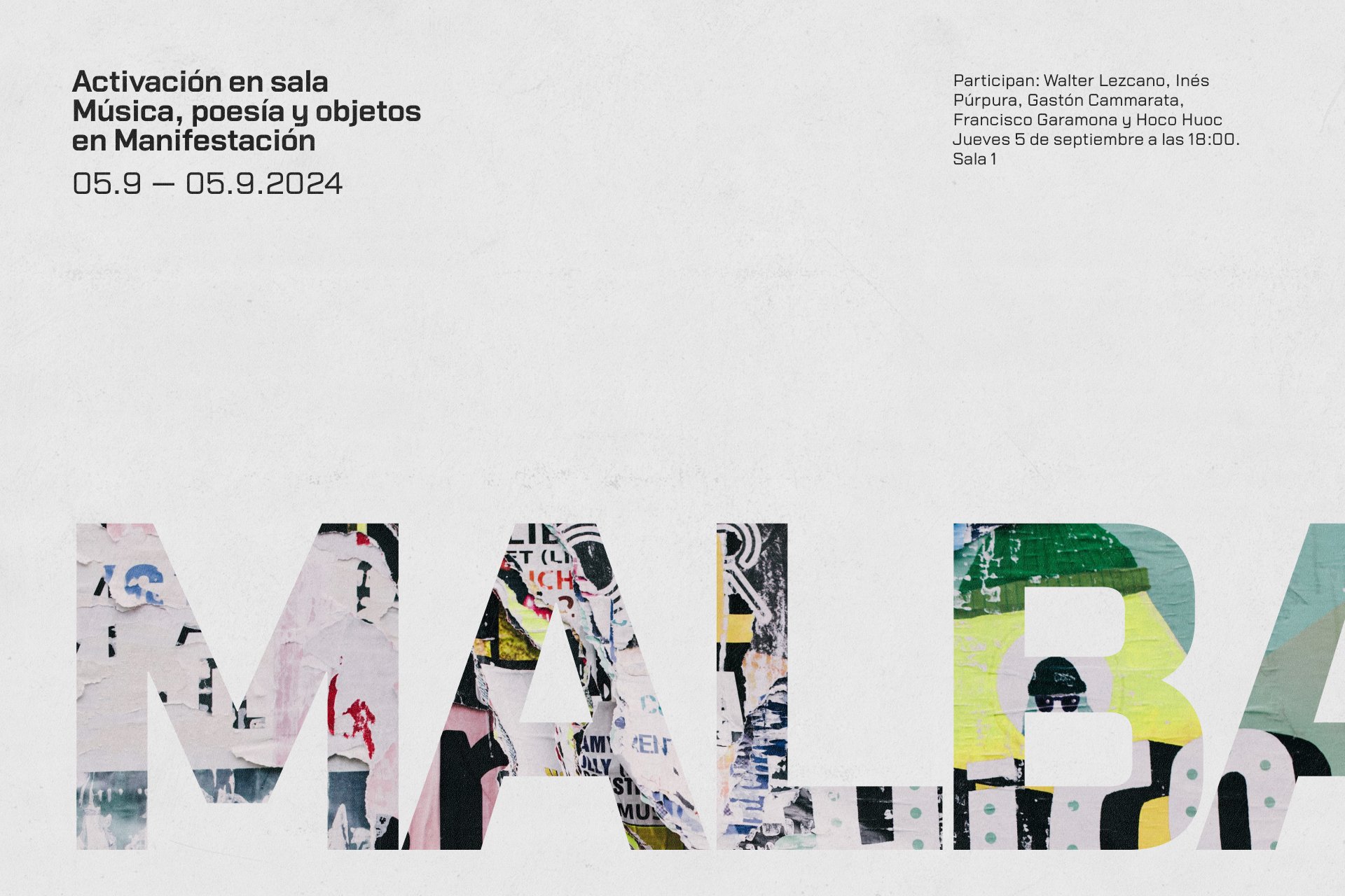 Minimal poster design featuring large typography with collage textures presenting event details. Modern graphic layout ideal for templates or mockups.
